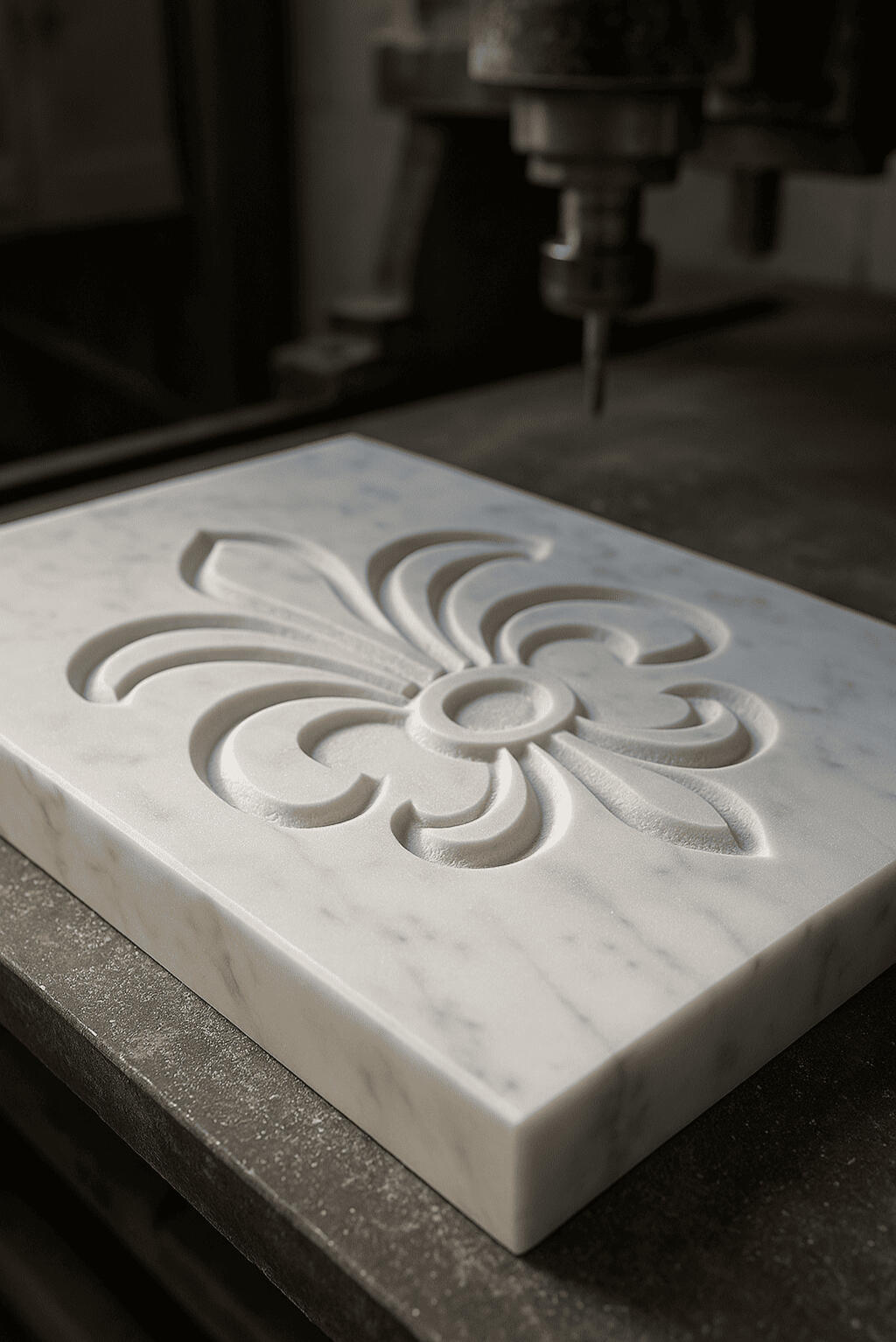 Bassorilievo in marmo inciso con macchina CNC, ottenuto da un file DXF ricostruito da foto.