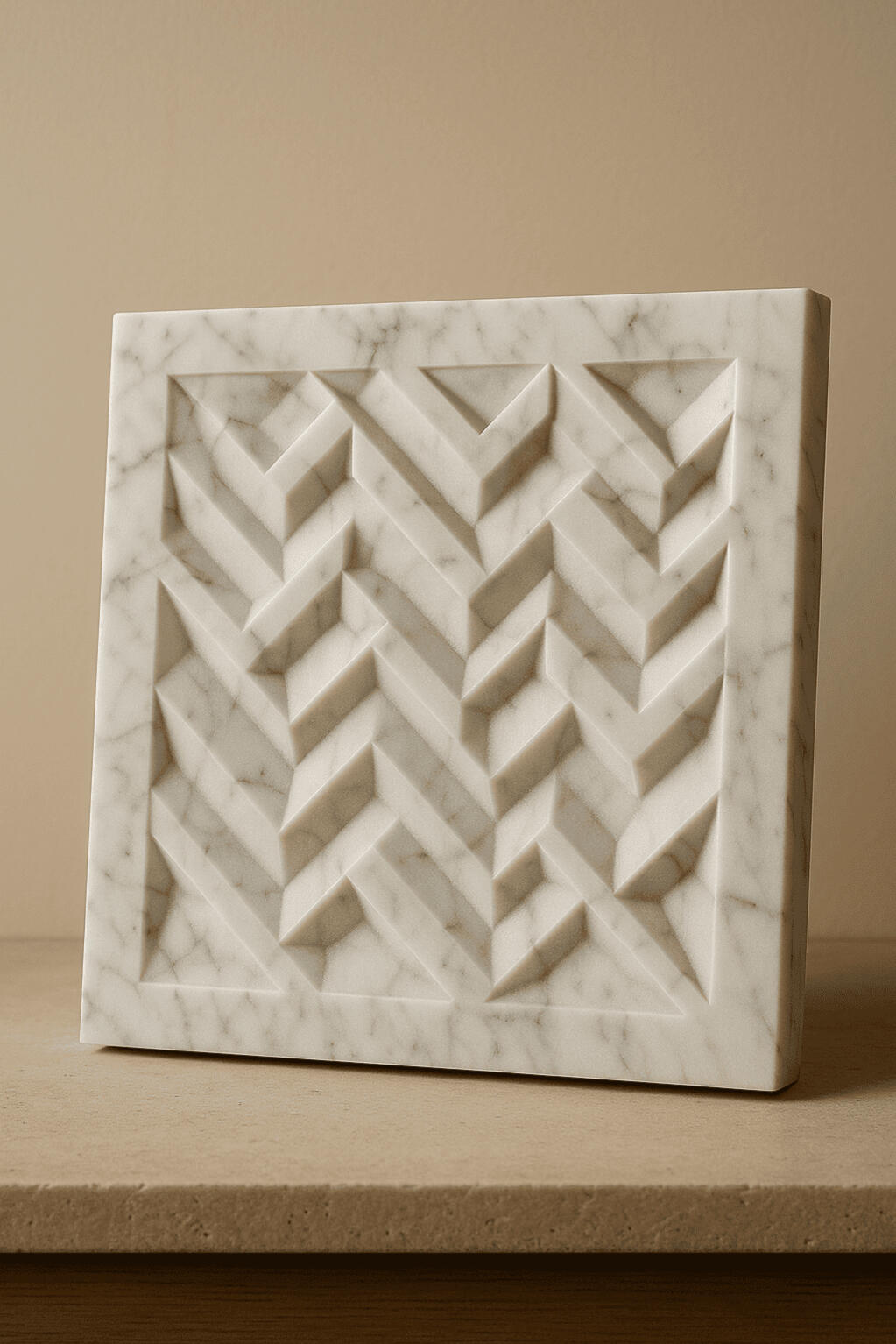 Pannello in marmo con incisione geometrica realizzata con macchina CNC, ottenuta da file DXF ottimizzato.