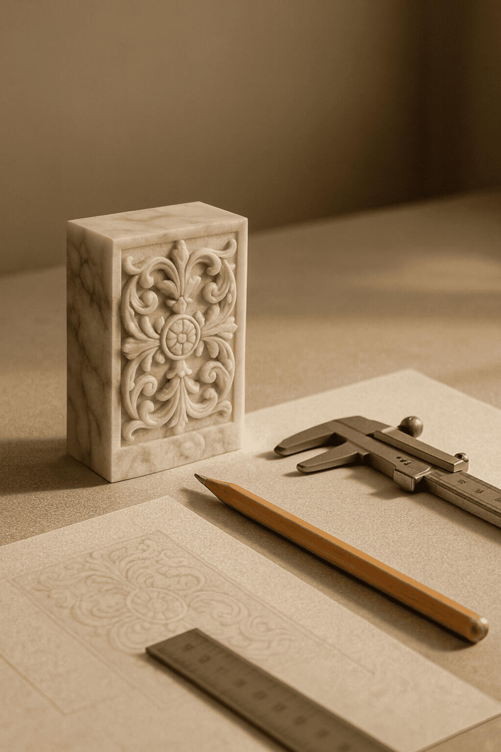 Blocchetto in marmo con incisione ornamentale realizzata a CNC, affiancato da calibro e disegno tecnico per la ricostruzione del file DXF.