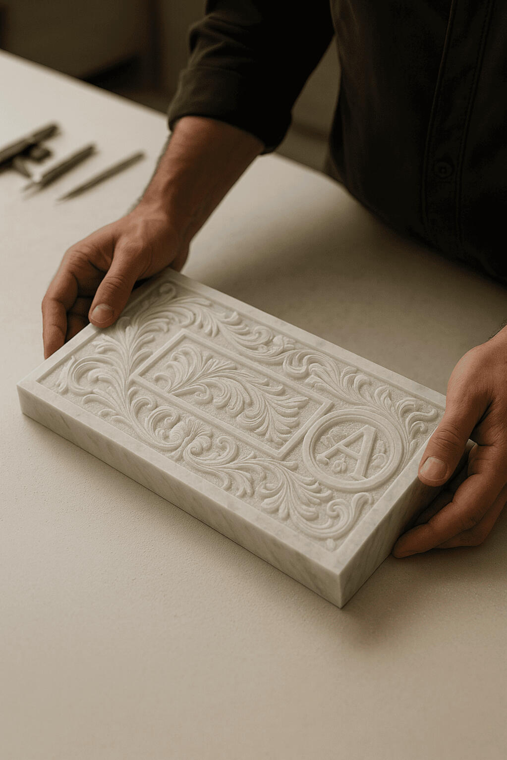 Mani che mostrano un pannello in marmo inciso con CNC, realizzato partendo da un file DXF ricostruito da immagine.